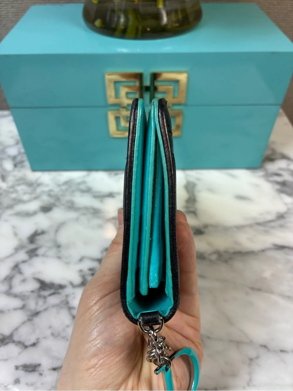 Christian Dior Black Leather Cannage Snap Wallet Teal Interior - Fair Condition